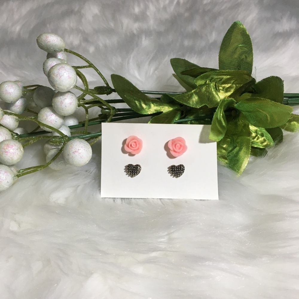 Pink Roses & Gold Hearts Earring Set